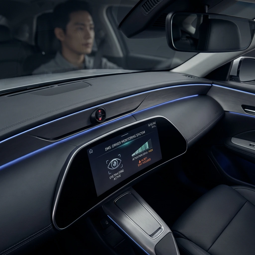 현대·기아 레벨3 자율주행 차량의 운전자 모니터링 시스템(DMS) IR 카메라가 대시보드에 장착되어 운전자의 눈 깜박임과 시선을 실시간으로 분석하고 있다