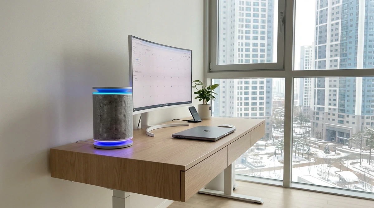 2026년 현대적인 한국 책상 위에 놓인 AI 음성 비서 스마트 스피커, 밝은 LED 조명