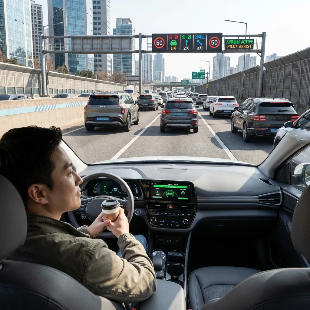 고속도로 정체 구간에서 레벨3 자율주행이 작동 중이며, 30대 한국인 운전자가 핸들에서 손을 떼고 커피를 마시며 여유롭게 앞차를 따라가고 있다