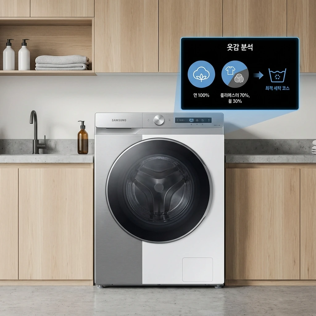 삼성 비스포크 AI 콤보 세탁건조기 스크린에 옷감 종류 분석 결과가 표시되고 최적 세탁 코스가 자동 선택된 화면