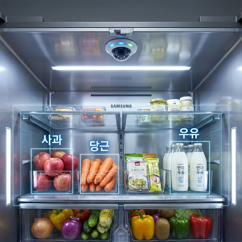 비스포크 AI 패밀리허브 냉장고 내부 상단에 설치된 AI 비전 인사이드 카메라가 식재료를 인식하는 장면, 사과·당근·우유 등이 화면에 표시됨