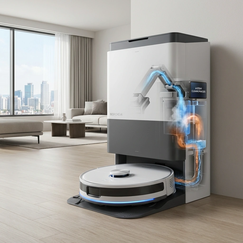 비스포크 AI 스팀 로봇청소기가 올인원 청소 스테이션에 도킹되어 먼지 비움·물걸레 세척·건조를 자동으로 수행하는 모습