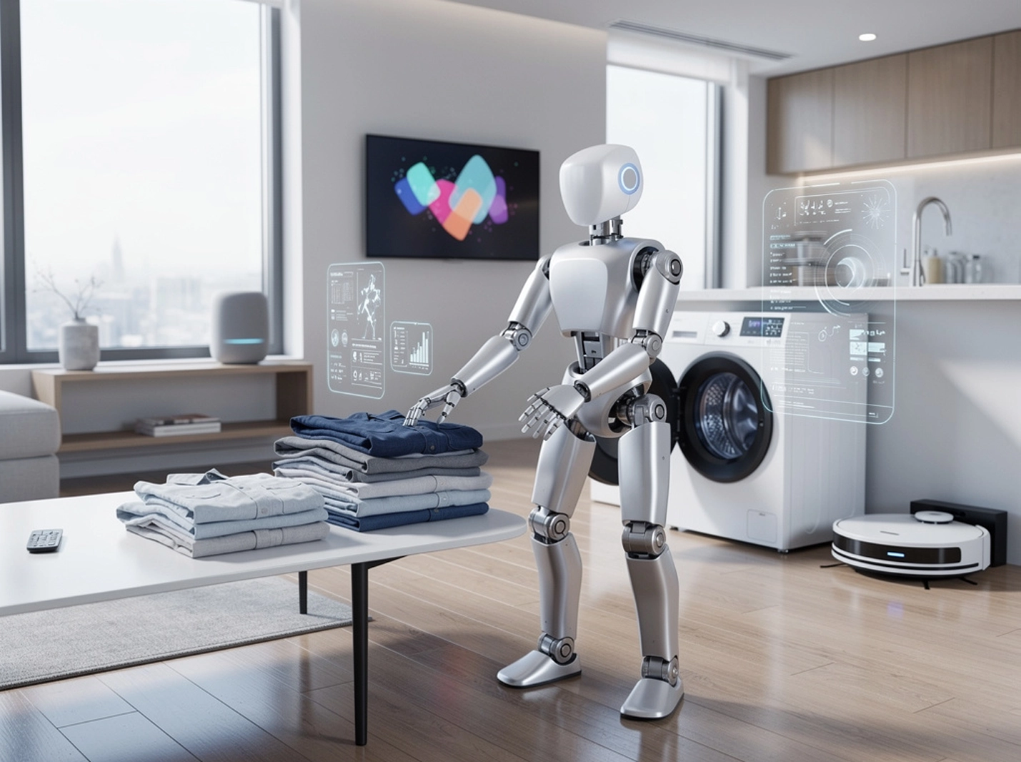 집안에서 세탁물을 정리하는 LG 클로이드 휴머노이드