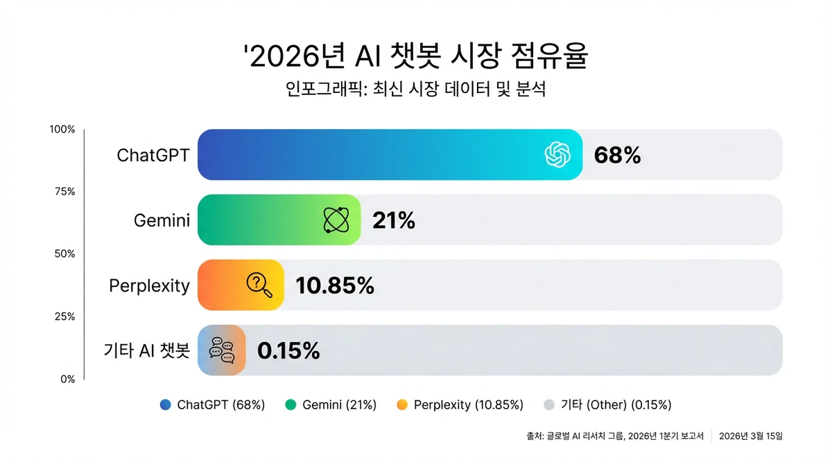 2026년 1월 AI 챗봇 시장 점유율을 보여주는 막대 그래프, ChatGPT 68%, Gemini 21%, Perplexity 10.85%, 기타 AI가 표시된 현대적인 인포그래픽