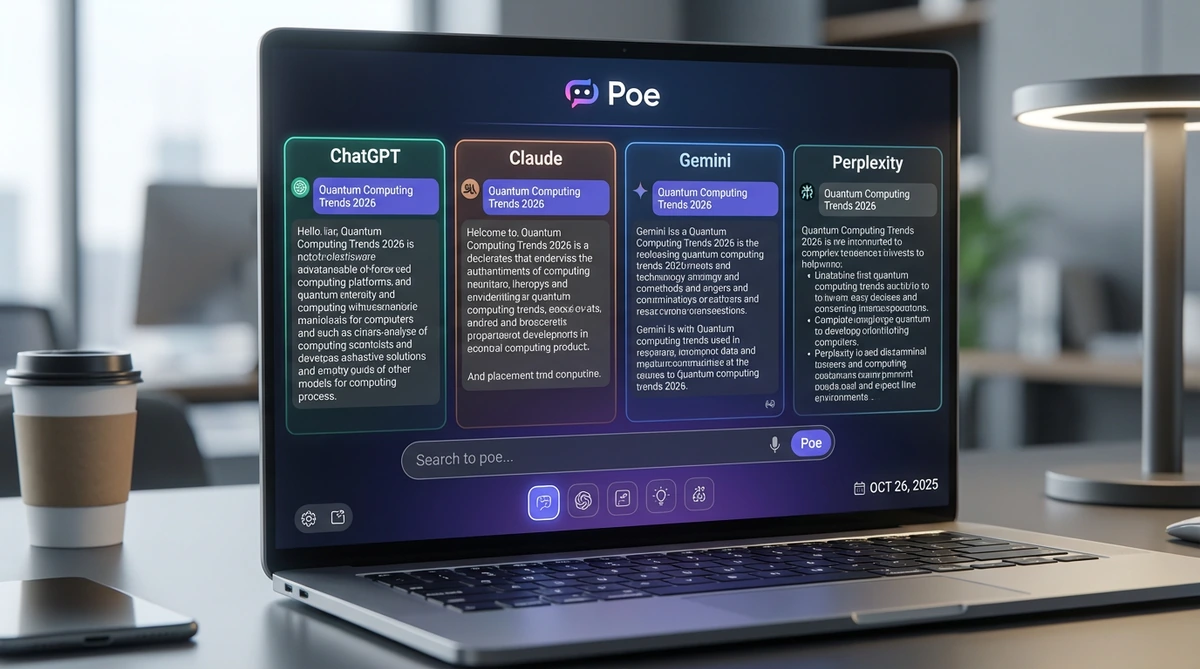 2026년 노트북 화면에 Poe 플랫폼이 표시되어 ChatGPT, Claude, Gemini, Perplexity 등 여러 AI 챗봇이 동시에 비교되고 있다