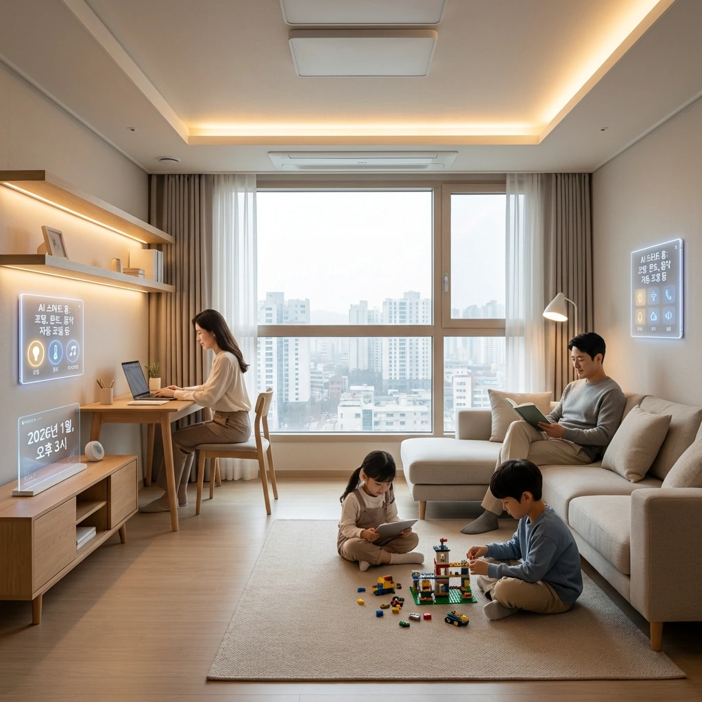 2026년 한국 아파트에서 AI 스마트홈 시스템이 거실 조명, 온도, 음악을 자동 조절하는 모습, 가족 구성원이 각자 활동 중