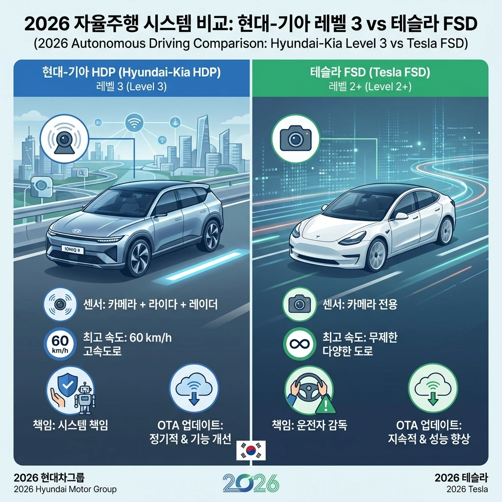 현대·기아 레벨3 자율주행과 테슬라 FSD의 센서 구성, 레벨 차이, 최고속도를 비교하는 인포그래픽이 깔끔한 표와 아이콘으로 정리되어 있다
