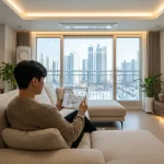 korean-person-setting-up-smart-home-security-on-tablet