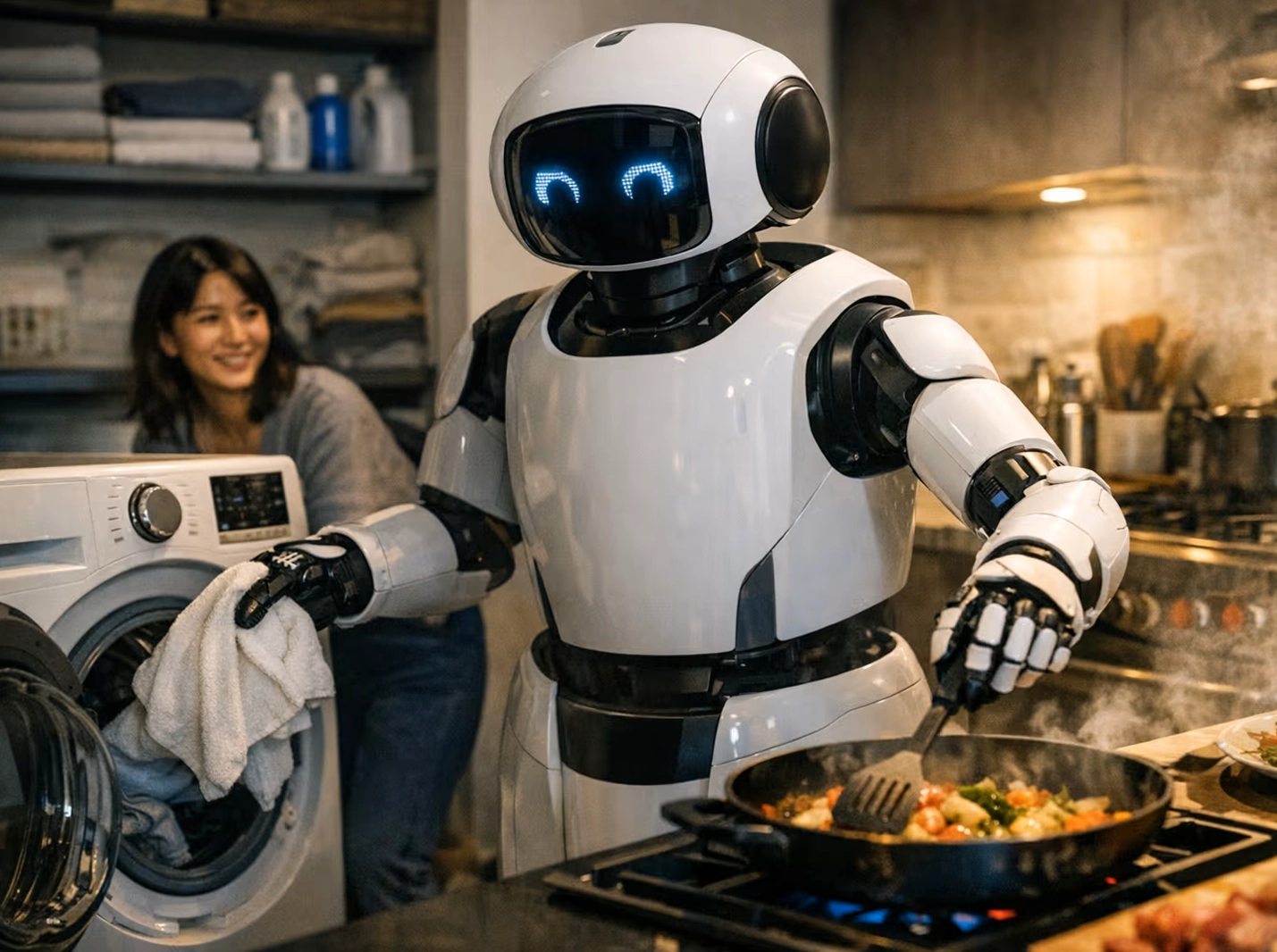 현대 한국 가정에서 요리와 세탁을 돕는 LG 클로이드 로봇