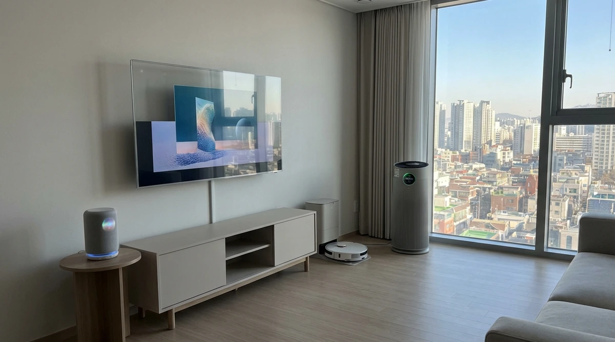 2026년 현대적인 한국 아파트 거실에 설치된 AI 스마트홈 기기들, 스마트 스피커, 로봇청소기, 스마트 TV, 깔끔한 인테리어