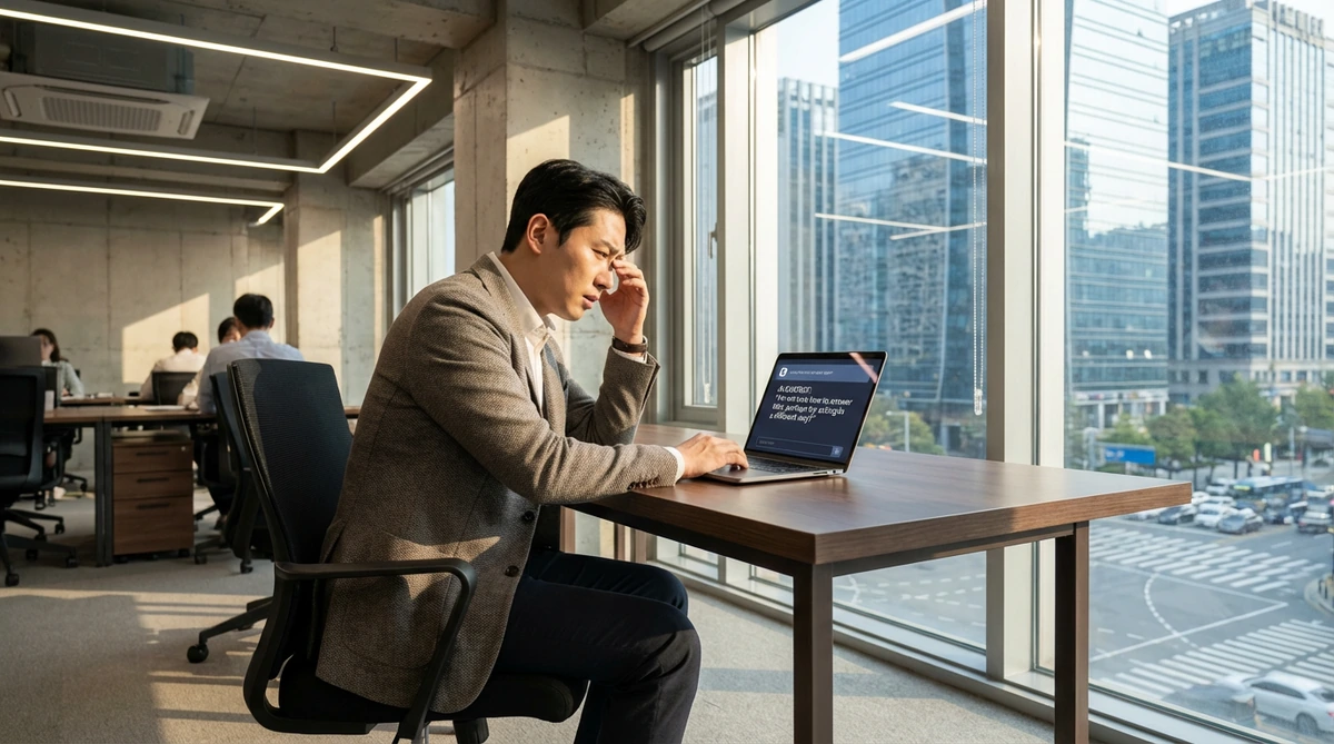 2026년 현대적인 서울 오피스에서 30대 한국인 직장인이 노트북 화면 속 챗GPT 거짓말을 보며 당황하는 표정으로 이마를 짚고 있다