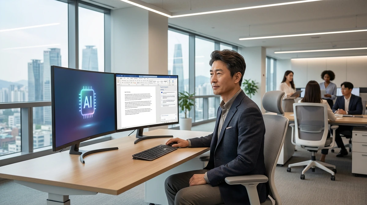 2026년 서울 오피스에서 40대 한국인 남성이 데스크탑으로 Microsoft Word에 통합된 Copilot을 사용하며 실시간으로 문서 작성 지원을 받고 있다