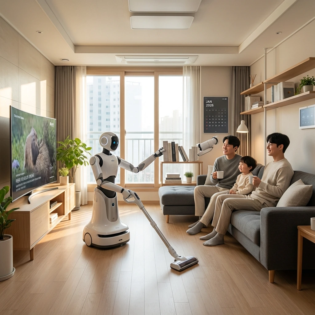 2026년 한국 아파트 거실에서 피지컬 AI 로봇이 바닥 청소와 가구 정리를 하는 장면, 가족이 소파에서 지켜보고 있다