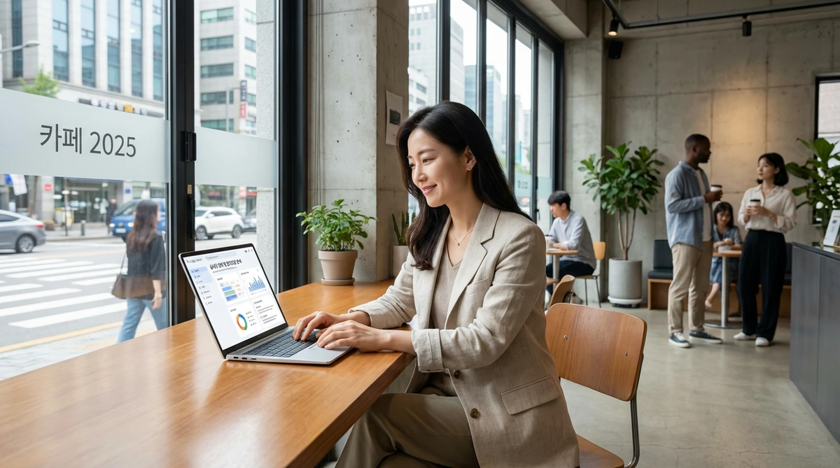 2026년 서울 현대적 카페에서 30대 한국인 여성이 노트북으로 Google Gemini를 사용하며 화면에 실시간 검색 결과와 멀티모달 분석이 표시되어 있다