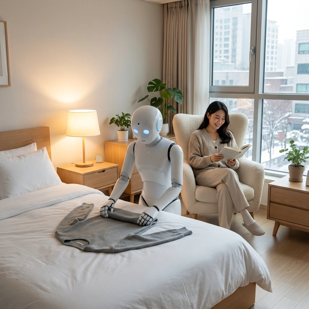 2026년 한국 아파트 침실에서 휴머노이드 로봇이 빨래를 개고 있고, 주인은 책을 읽으며 여유로운 시간을 보낸다