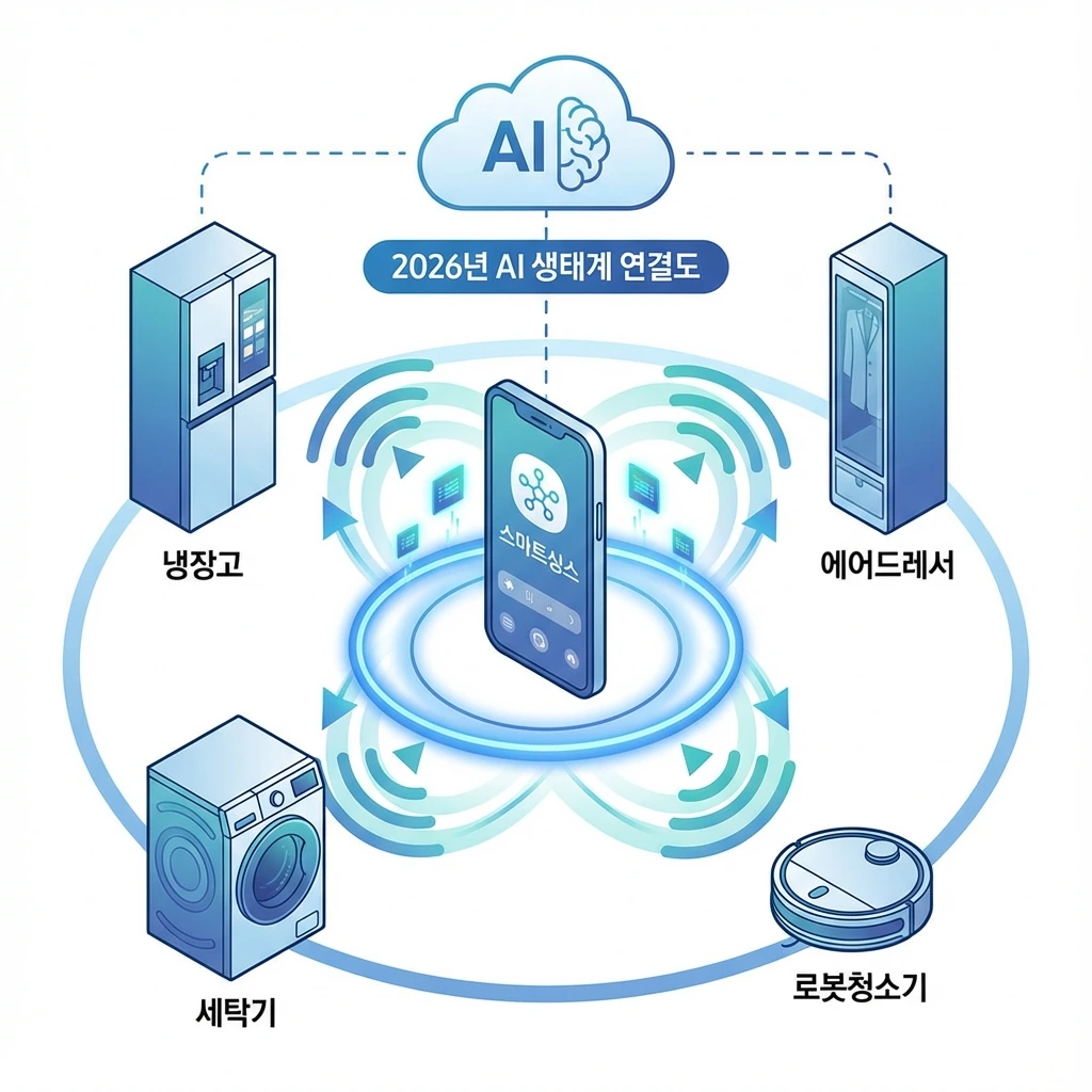 스마트싱스 생태계를 통해 냉장고·세탁기·로봇청소기·에어드레서가 서로 연결되어 데이터를 공유하는 구조를 보여주는 다이어그램