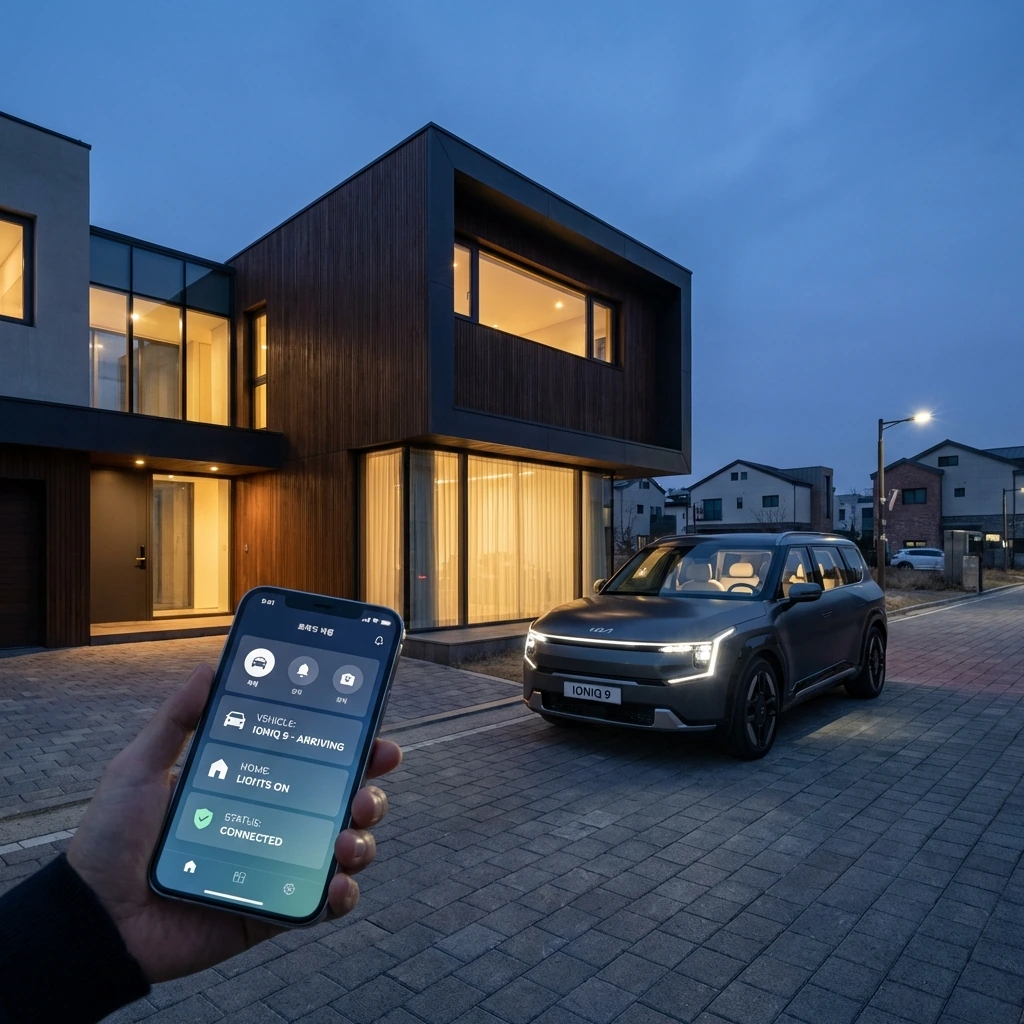 레벨3 자율주행으로 집에 도착한 전기차가 스마트홈 시스템과 연동되어 현관 조명이 자동으로 켜지고 난방이 작동하는 현대적인 한국 주택 풍경