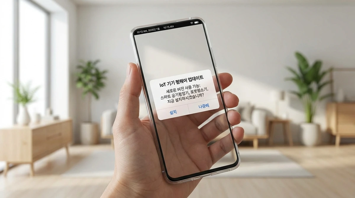 AI 가전 해킹 2026년 현대적인 스마트폰 화면에 표시된 IoT 기기 펌웨어 업데이트 알림, 밝은 실내 배경