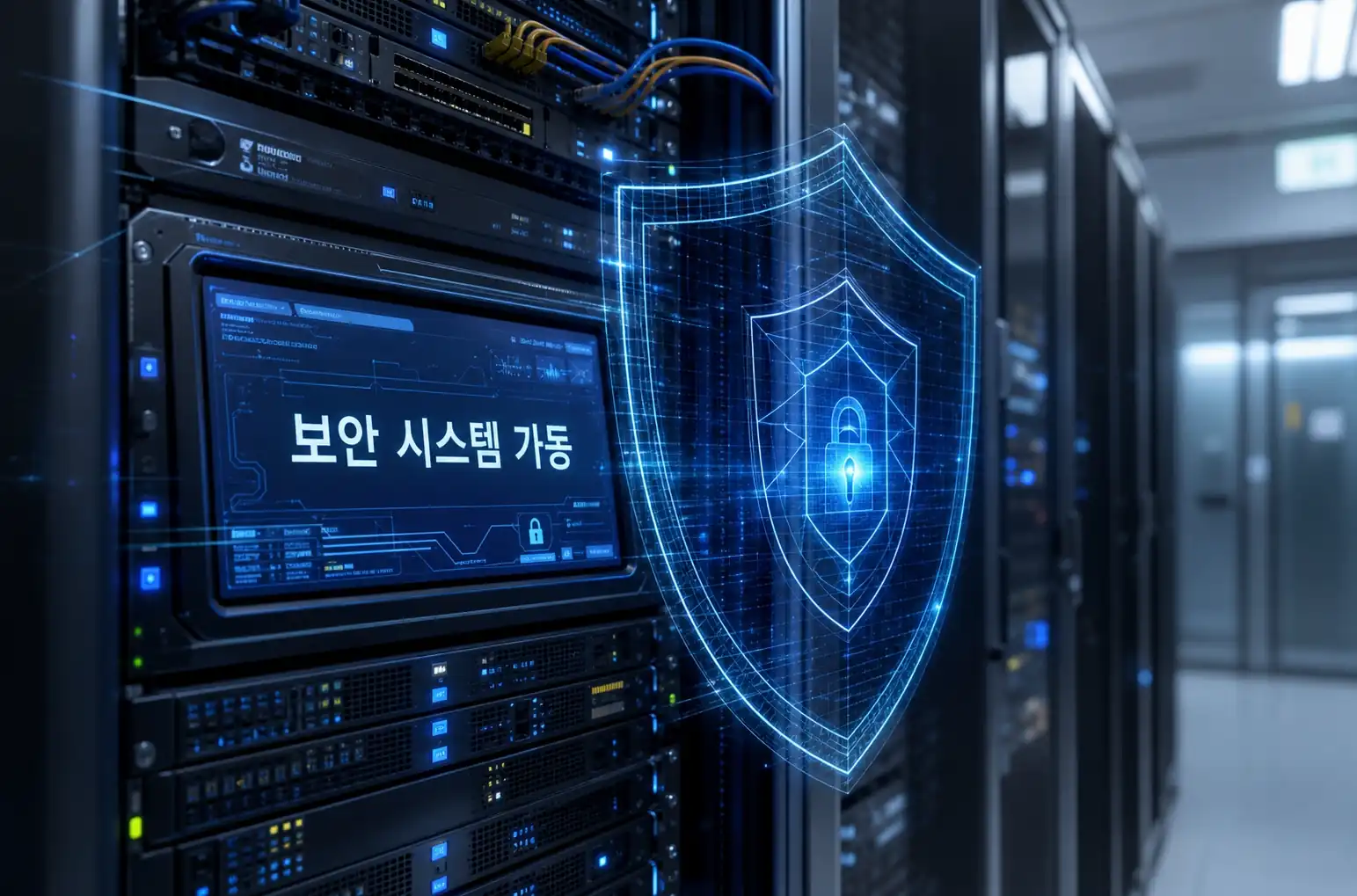 수많은 IoT 센서로 연결된 가상 공간의 데이터 보안과 프라이버시 보호 문제를 상징적으로 보여주는 홀로그램 보안 레이어 이미지