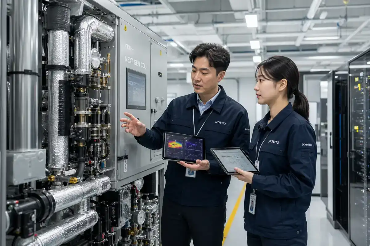 2026년 대한민국 현대식 데이터센터 연구소에서 엔지니어들이 대형 냉각 제어 장비와 종합 모니터링 시스템을 점검하는 장면