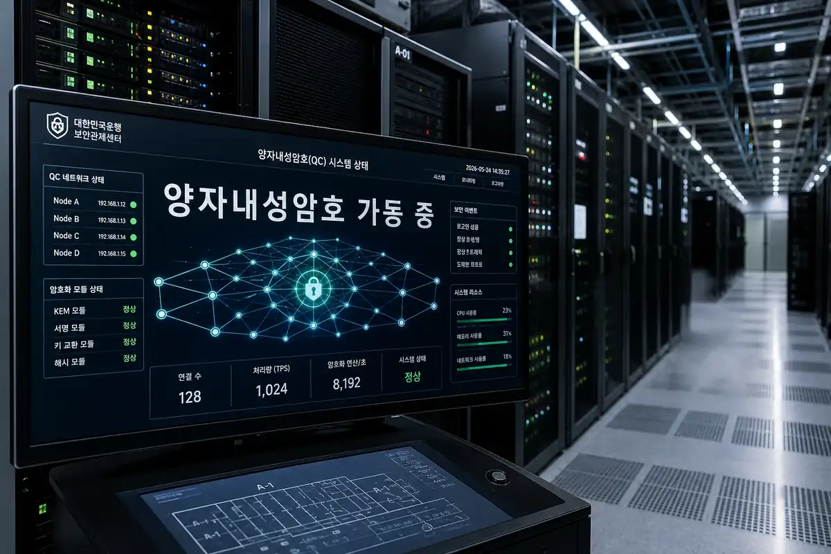 양자내성암호 보안 솔루션이 가동 중인 현대적 금융 데이터센터 내부의 서버 랙과 보안 모니터