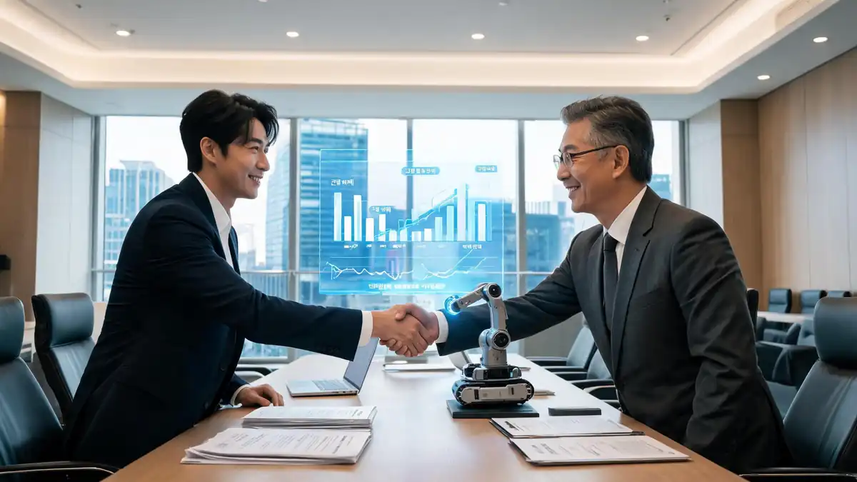 contemporary 2026 South Korea 배경의 세련된 대기업 사옥 비즈니스 미팅룸에서 30대 스마트 건설 기술 스타트업 대표와 대형 건설사 임원들이 홀로그램 데이터 화면과 소형 건설 로봇 프로토타입을 사이에 두고 업무협약을 체결하며 악수하는 모습
